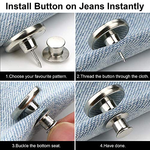 TOOVREN Upgraded 8 Sets Button Pins for Jeans Pants, No Sew Perfect Fit Jean Button Tightener Replacement Adjustable Reusable Metal Clips Snap Tack, Instant Reduce Too Big Pants Waist