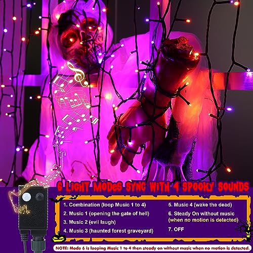Toodour Halloween Lights Outdoor, 82FT 200 LED Halloween String Lights with Spooky Music Waterproof, Plug in Motion Sensor Orange & Purple String Light for Yard Bedroom Home Party Tree Halloween Decor