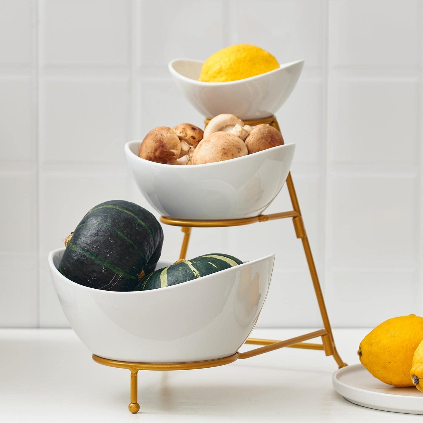 Gomakren 3 Tiered Oval Serving Bowl With Collapsible Metal Rack, Dessert Appetizer, Candy Chip Dip, Fruit, Vegetable Bowl Set, White Serving Dishes For Entertaining(Gold Stand)