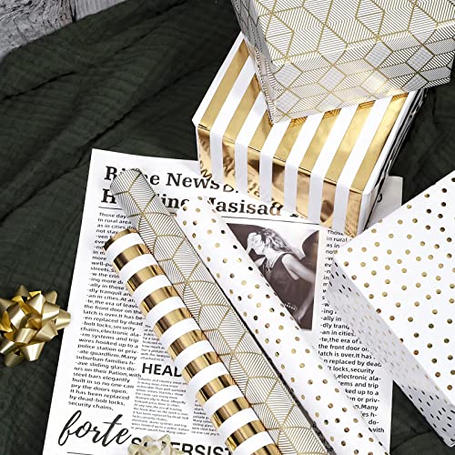 MAYPLUSS Wrapping Paper Roll for Birthday - Mini Roll - 17 inch X 120 inch Per roll - White & Gold Foil Design (42.3 sq.ft.ttl)