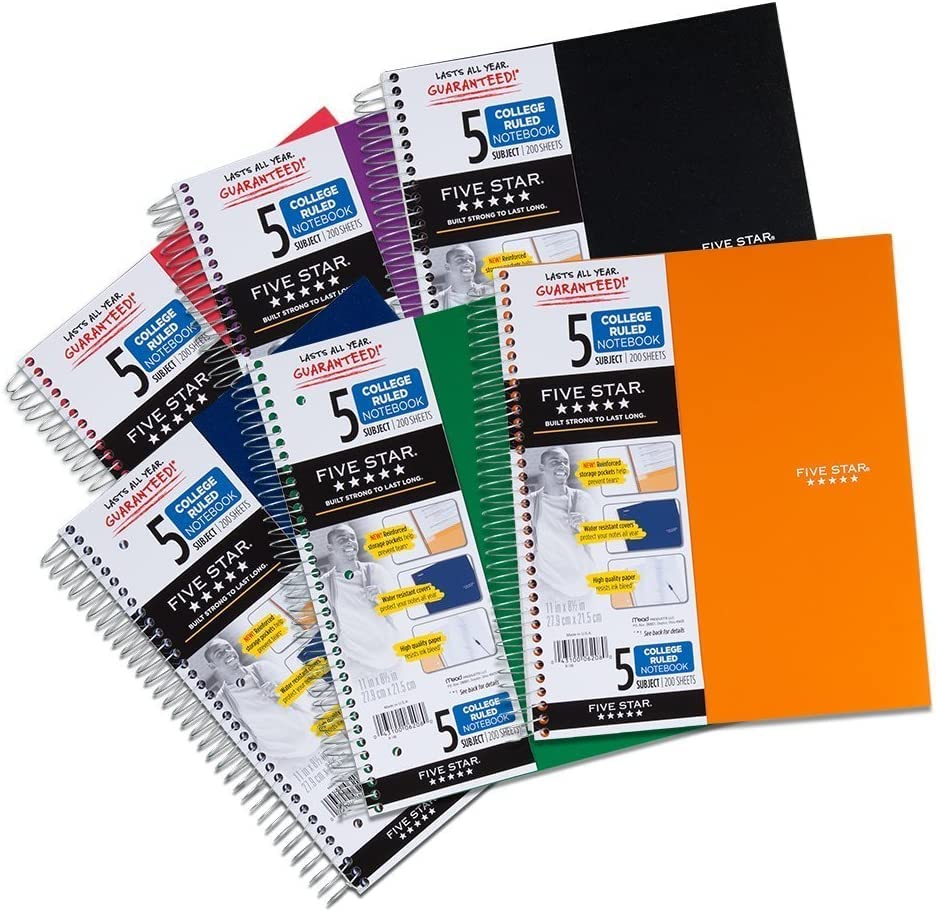Five Star Spiral Notebook + Study App, 5-Subject, College Ruled Paper, Fights Ink Bleed, Water Resistant Cover, 8-1/2" x 11", 200 Sheets, Black (72081)