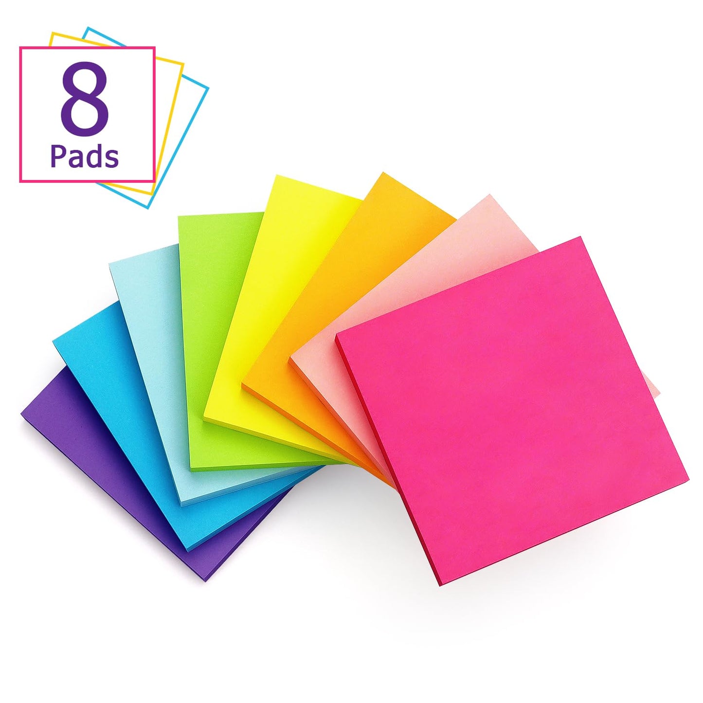 8 Pads Sticky Notes 3x3 Self-Stick Notes 8 Bright Multi Colors Purple Sticky Notes, 90 Sheet/Pad
