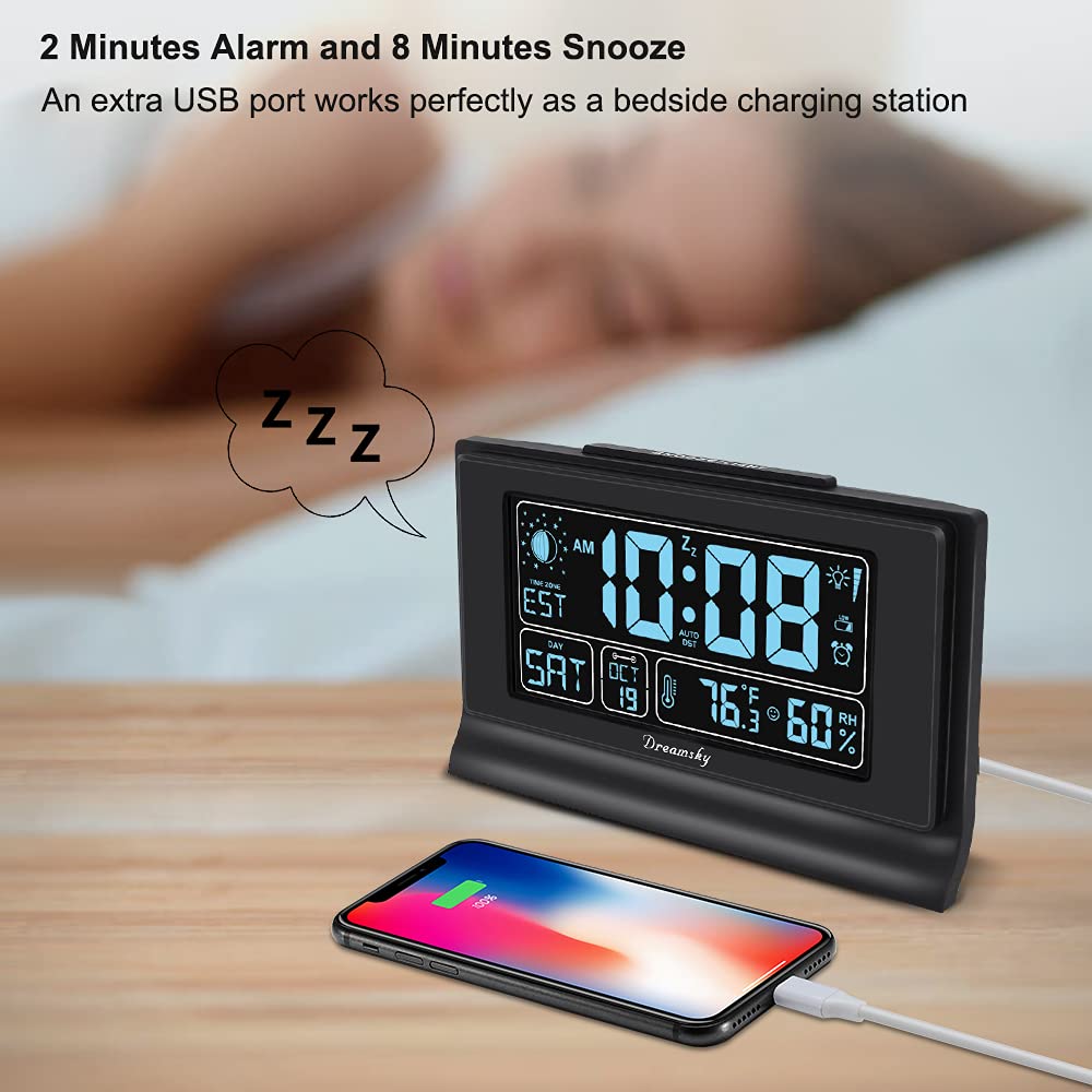 DreamSky Digital Alarm Clock with Large Display, Temperature & Humidity, 6 Level Brightness, USB Charging, Battery Backup, Black