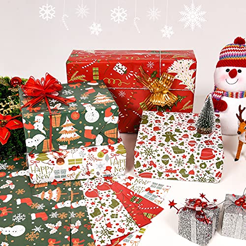 PlandRichW Christmas Wrapping Paper Folded for Kids Boys Girls Man Women Gift's. Papercraft Snowmen, Candy Canes, Tree, Socks, Snowflakes, Happy New Year Bulk of 12 Sheets 20"x 29" Folded