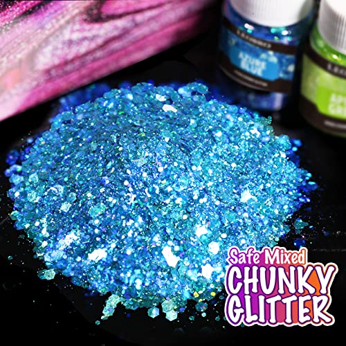 LEOBRO Holographic Chunky Glitter, 15 Colors Craft Glitter for Resin, with 5PCS Mixing Spoon, Cosmetic Glitter for Nail Body Eye Face, Resin Glitter Flakes Sequins for Tumbler Jewelry Crafts Making