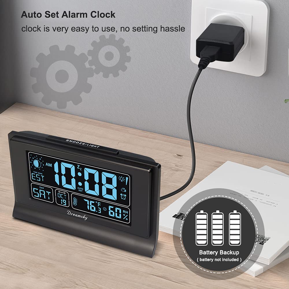 DreamSky Digital Alarm Clock with Large Display, Temperature & Humidity, 6 Level Brightness, USB Charging, Battery Backup, Black