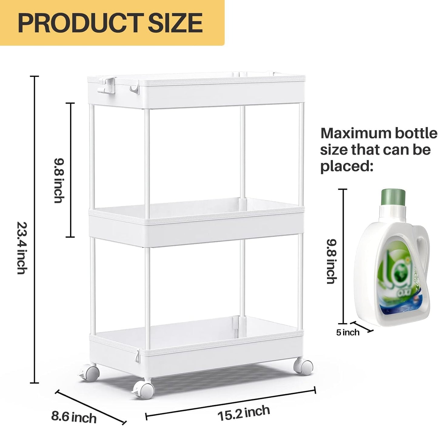SPACEKEEPER Storage Rolling Cart, 3 Tier Laundry Room Organization Utility Cart Bathroom Organizer Mobile Shelving Unit Shelves Multi-Functional Trolley, White