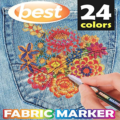 Best Fabric Markers (Pack of 24 Pens) Non-Toxic - Set of 24 Individual Colors - No Duplicates - Bullet Tip - Machine Washable Paint - Perfect for Writing on Clothes, Clothing, Jeans, Pants, and Shirts