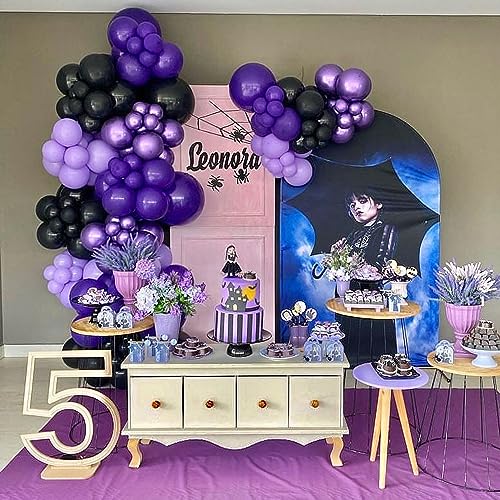 Purple Black Silver Latex Balloons, 65pcs 12 Inches Metallic Silver Purple Confetti Balloons with 1 Ribbon for Halloween, Birthday, Graduation, Anniversary,Wednesday party decorations