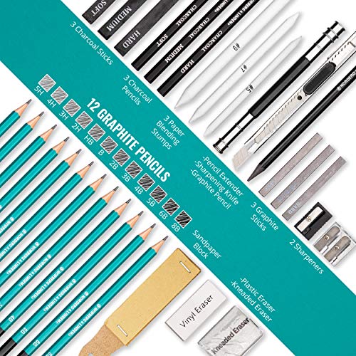 Norberg & Linden XL Drawing Set - Sketching, Graphite and Charcoal Pencils. Includes 100 Page Drawing Pad, Kneaded Eraser, Blending Stump. Art Kit and Supplies for Kids, Teens and Adults.