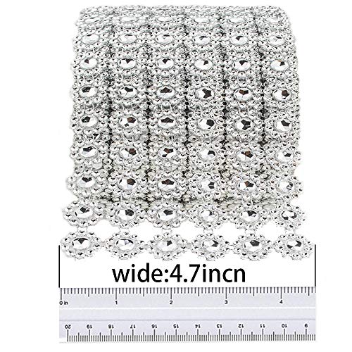 Bling Rhinestone Diamond Flower Shape Mesh Ribbon Wrap,Storystore Silver Acrylic Bling Diamond Wrap Ribbon for Wedding, Cake, Vase Decorations, Party Supplies(1 Roll, 30Ft,6 Rows)(Silver Flower Shape)