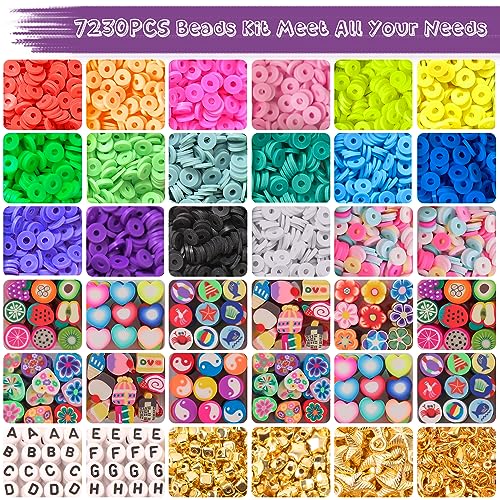 UHIBROS 7230pcs Polymer Clay Beads for Jewelry Making Letter Beads and 13 Styles Mixed Flower Face Trendy Beads, DIY Arts and Crafts Kit for Girls Ages 8-12