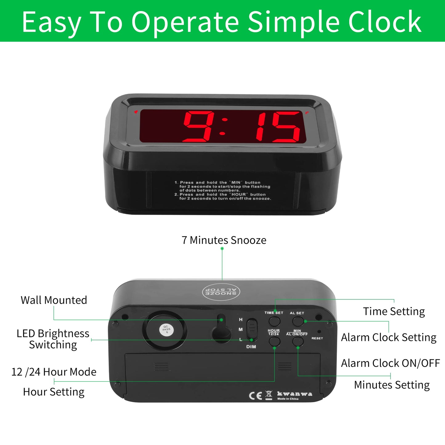 Alarm Clock, Digital Clock, Small Wall Clock, Battery Operated, Adjustable 3-Level Led Brightness, Dim Night Mode, 12/24Hr, Cordless, Constantly 1.2'' Digits Display for Bedroom/Travel, Easy to Set