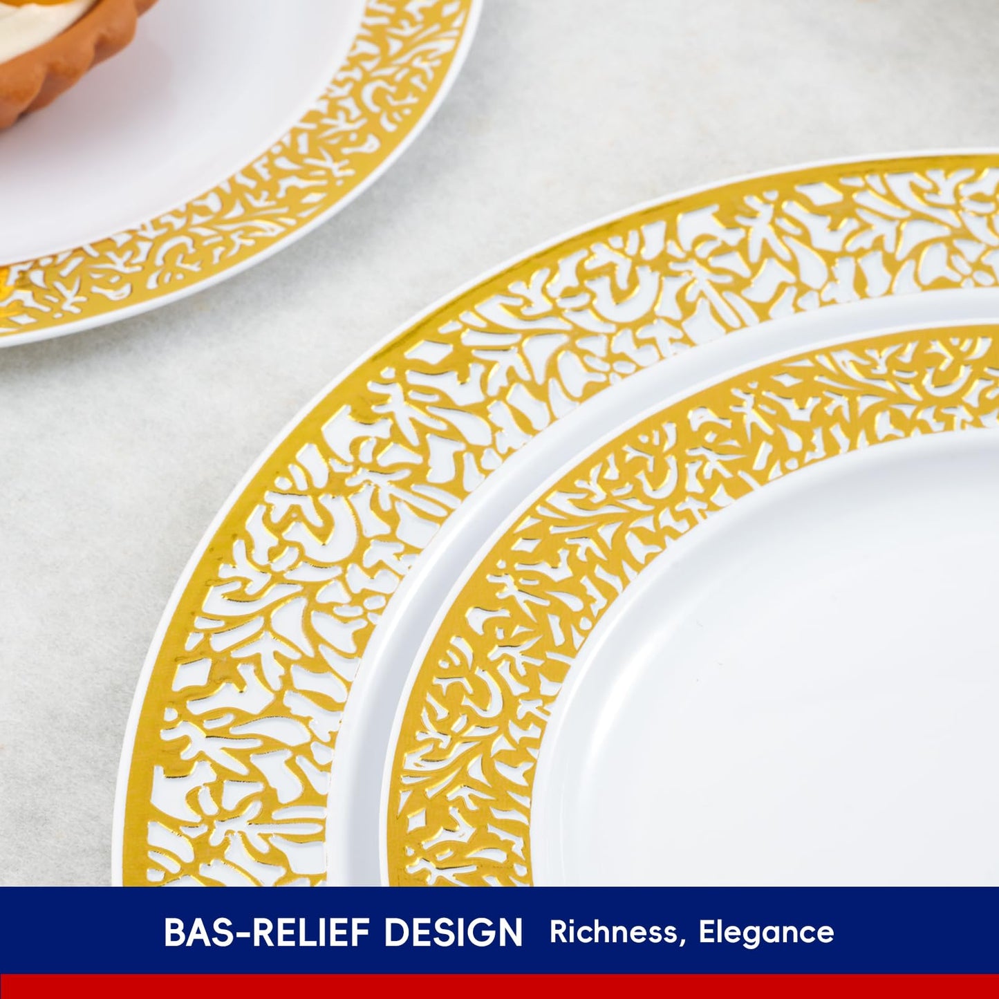 150 Count Gold Dinnerware Set, Elegant Plastic Plates Disposable Include: 25 Gold Lace Plastic Plates, 25 Dessert Plates, 25 Forks, 25 Knives, 25 Spoons, 25 Cup, Ideal for Party, Birthday