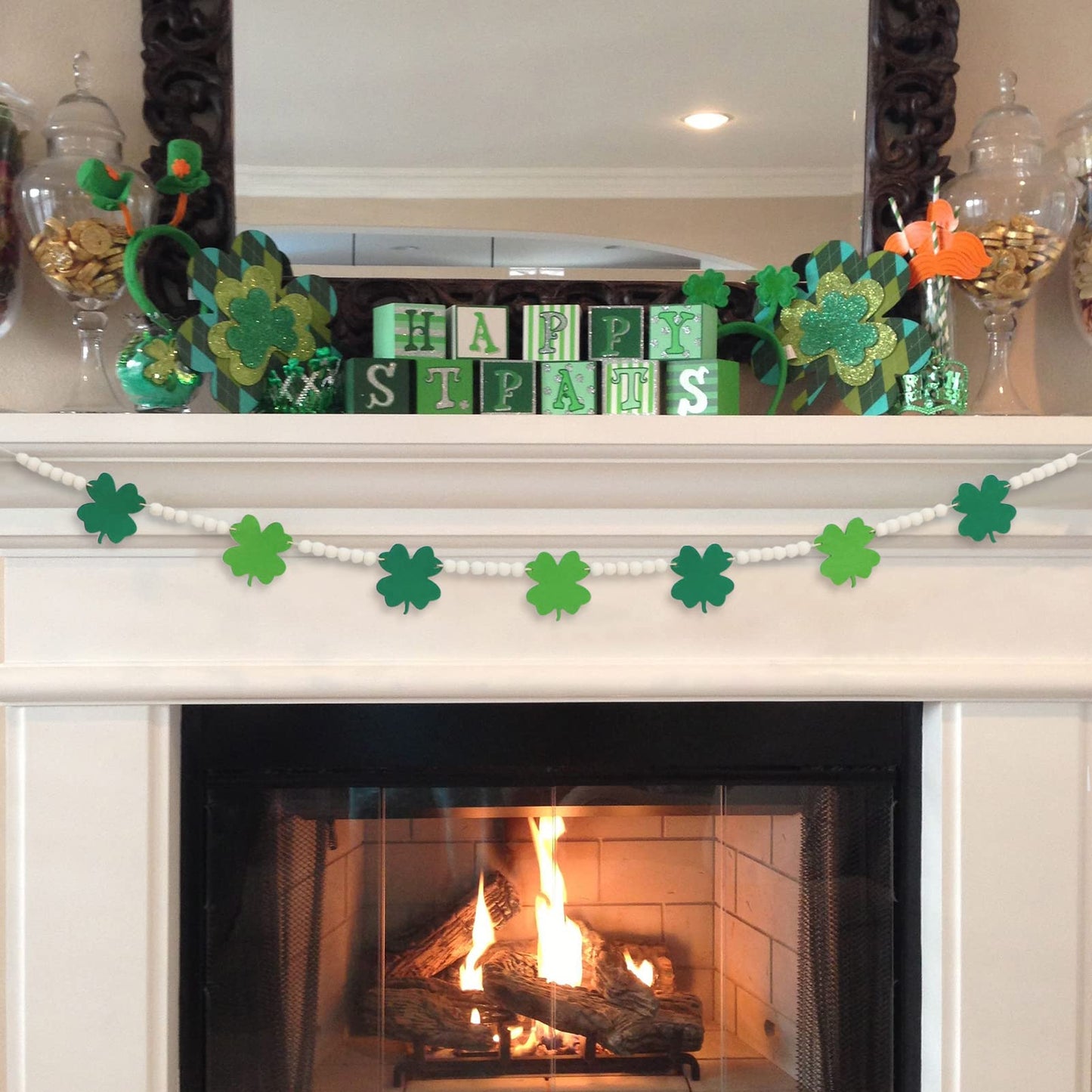 DAZONGE St. Patrick's Day Decorations, Felt Shamrocks Wood Bead Garland for St. Patrick's Day Decor, Lucky Green St. Patrick's Day Felt Banner for Fireplace Mantel Walls