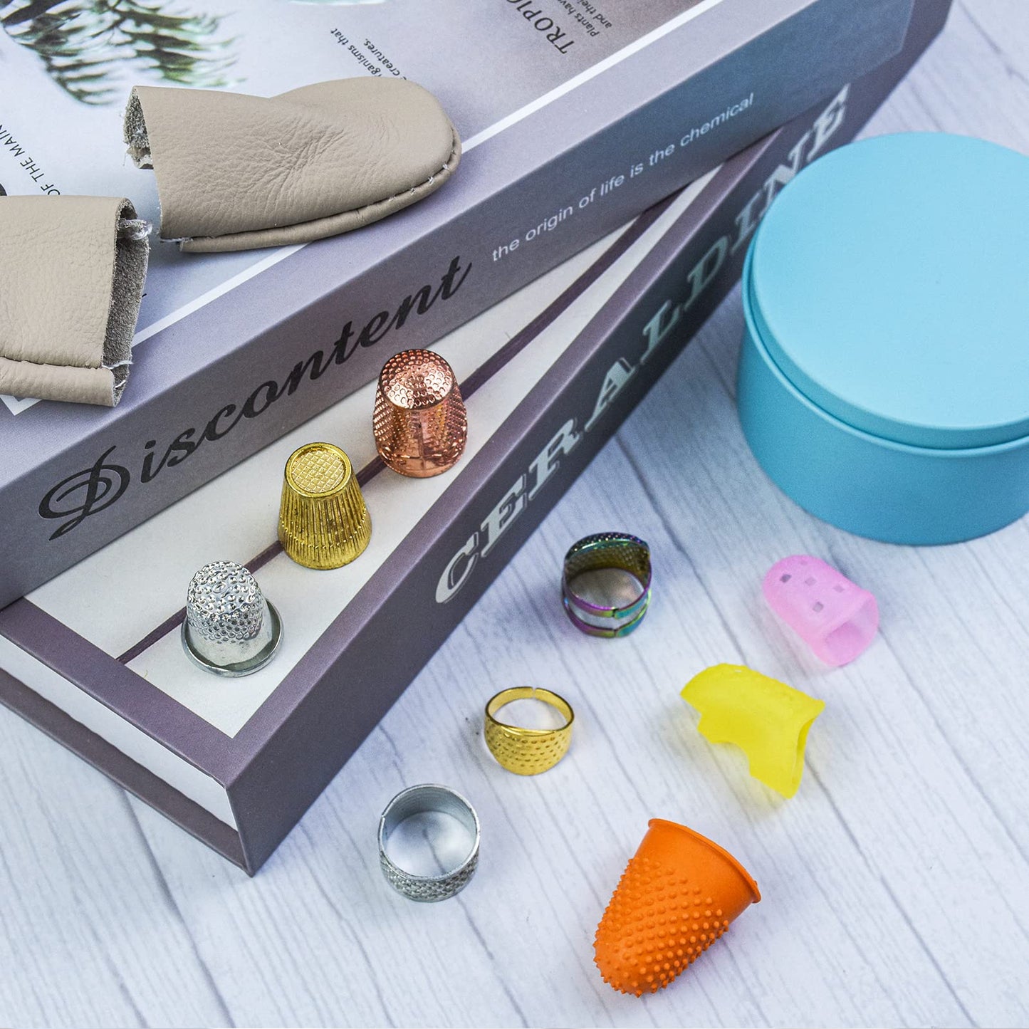 11Pcs Sewing Thimble Finger Protectors, Adjustable Metal Copper Finger Thimble Silicone Leather Thimble Finger Tips Finger Shield Ring Fingertip Quilting Sewing Supplies for Embroidery Needlework(B)
