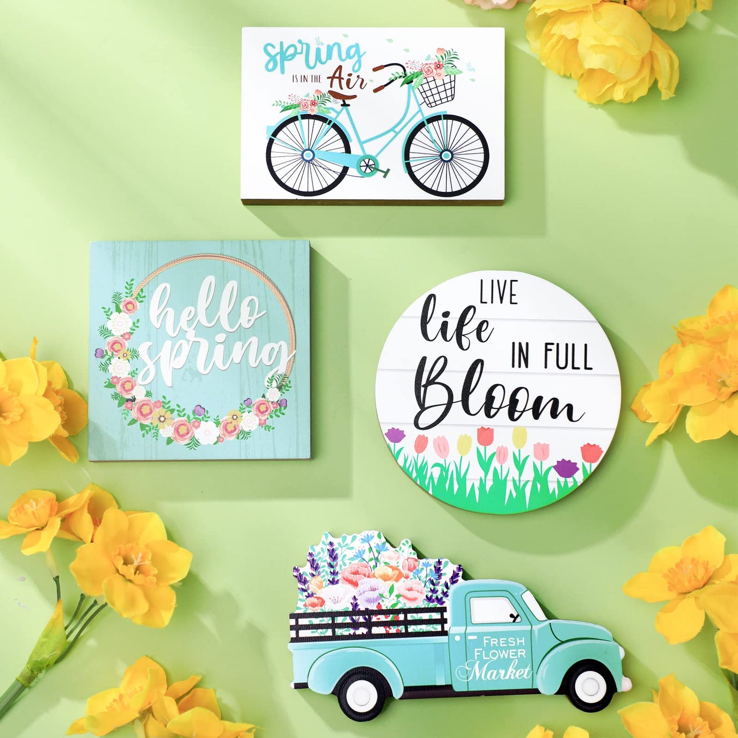 4 Pcs Easter Tiered Tray Decorations Hello Spring Decorations for Home Happy Easter Sign Bunny Farm Fresh Truck Wooden Centerpiece Table Signs for Indoor Home Kitchen Decor(Car Style)