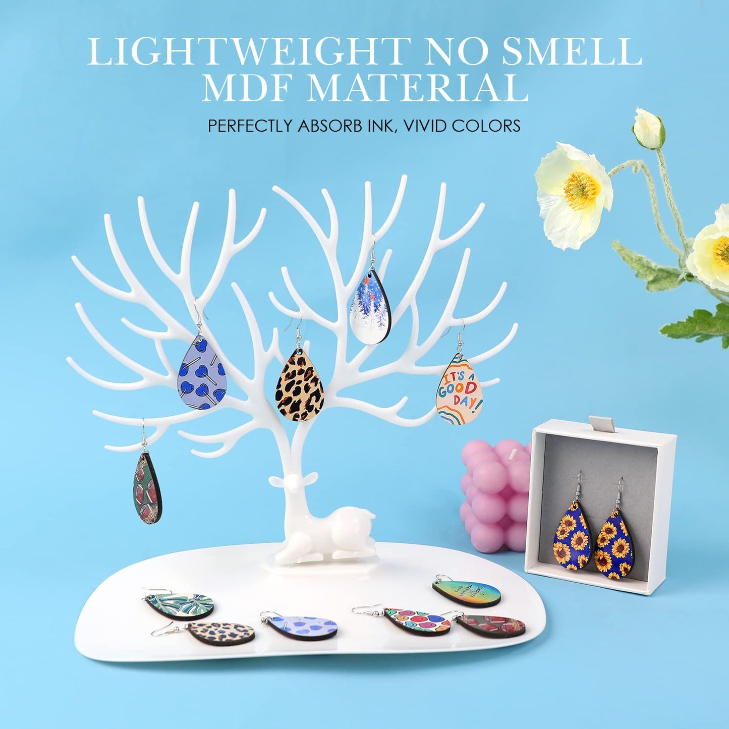 HTVRONT Sublimation Earring Blanks Bulk - 30 Pcs Wood Earrings Blanks with Blue Protective Film - Unfinished MDF Teardrop Earrings for Sublimation Printing with Template, Weeder, Hooks, Jump Rings