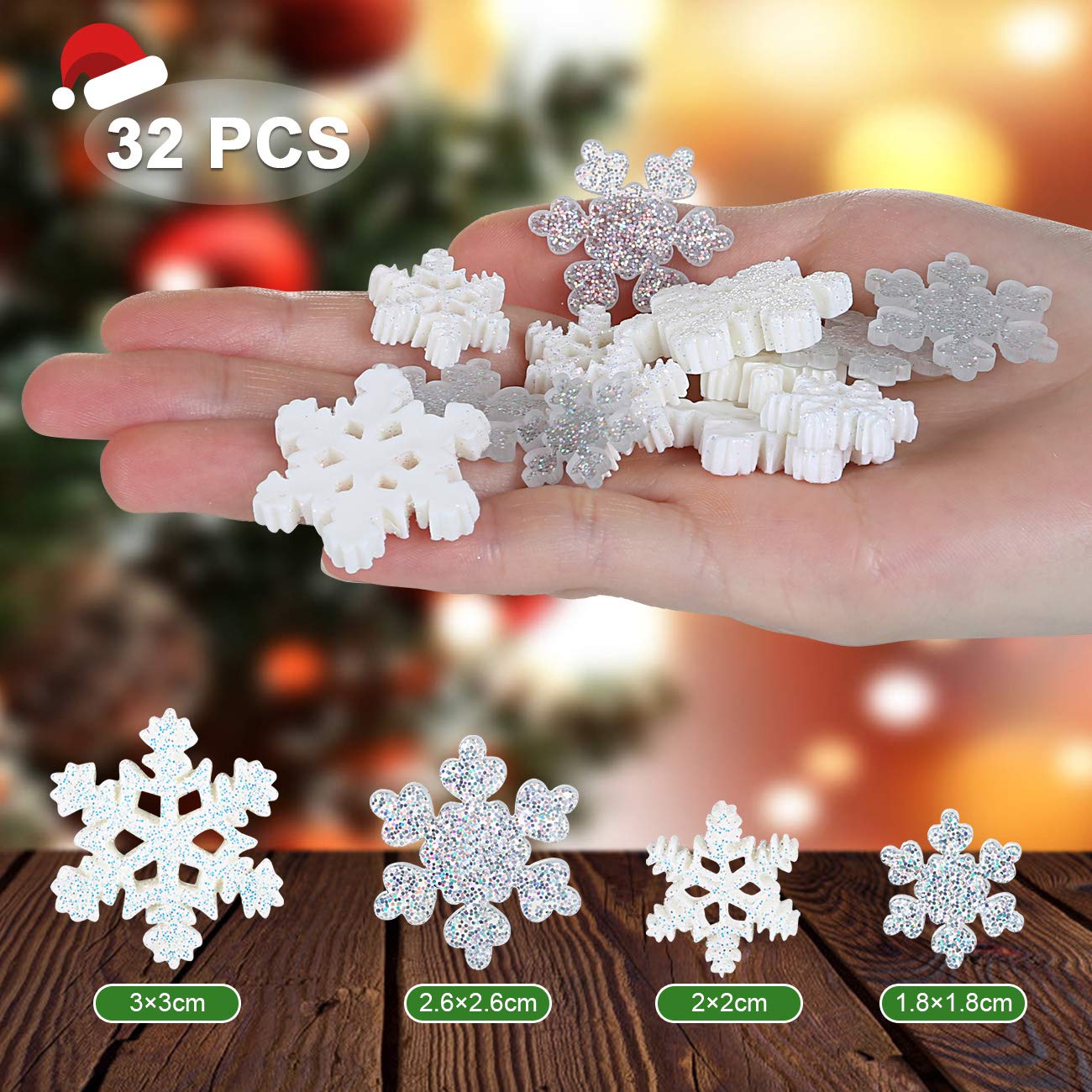 KESOTE 32pcs Christmas Snowflake Resin Glitter Charms Flatback Resin Embellishment Ornaments for Scrapbooking, DIY Crafts, Hair Clip, Xmas Decor