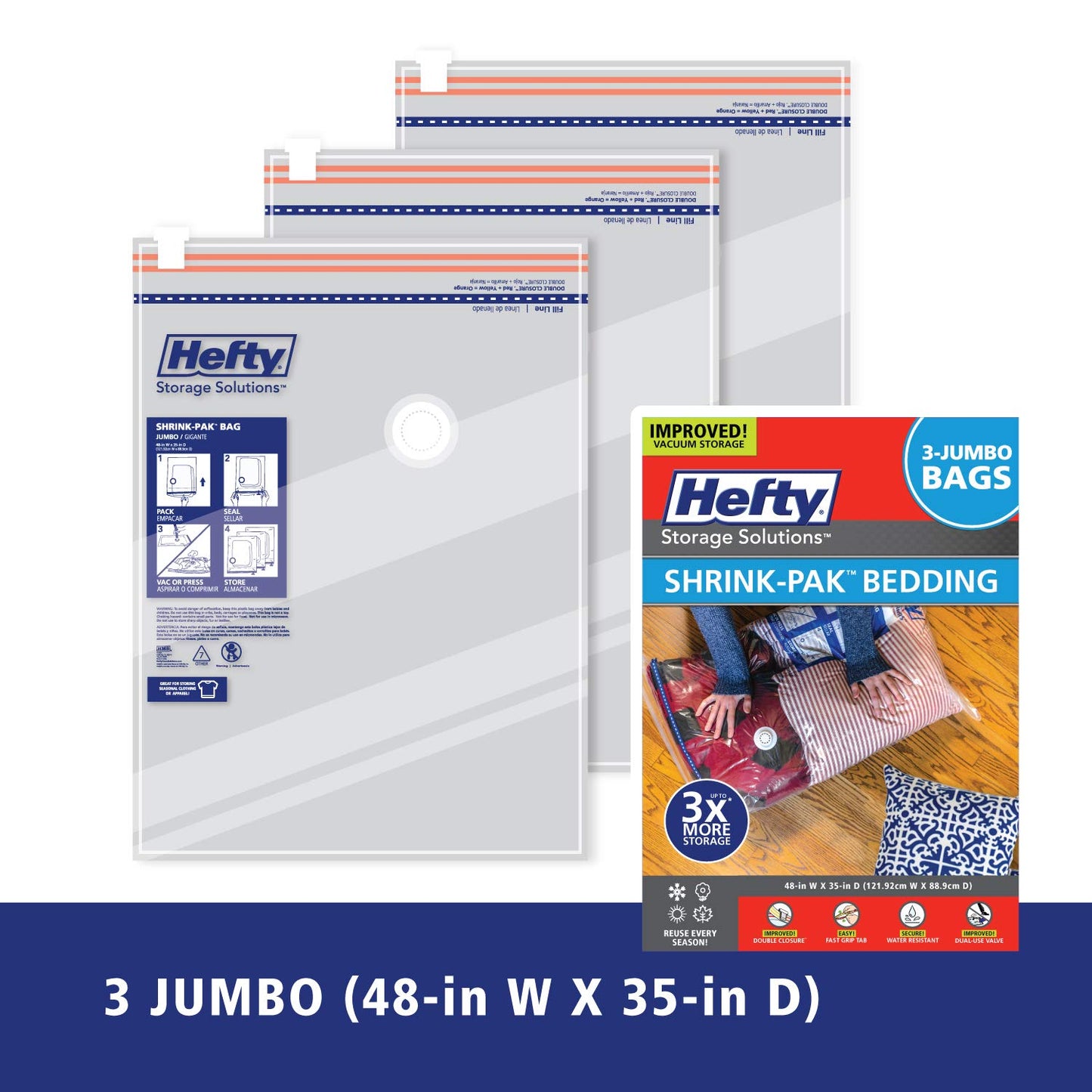 Hefty Shrink-Pak - 3 Jumbo Vacuum Storage Bags for Under Bed Storage, Clothing, Pillows, Towels, or Blankets