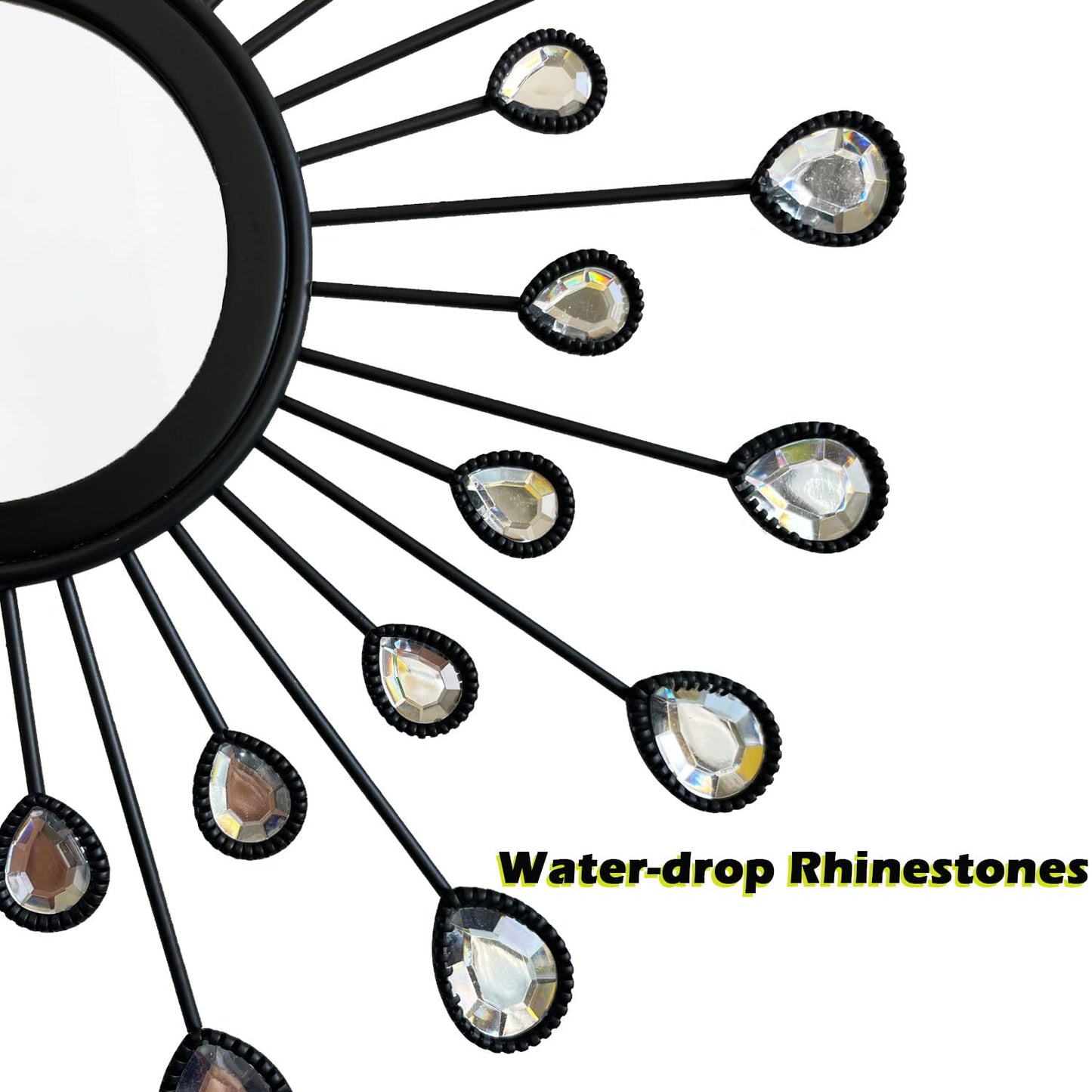 Uaussi 3 Pack Metal Wall Mirrors Rhinestones Starburst Mirror Set Bling Home Decorative Hanging Wall Art for Living Room Bedroom-Water-Drop Burst Black