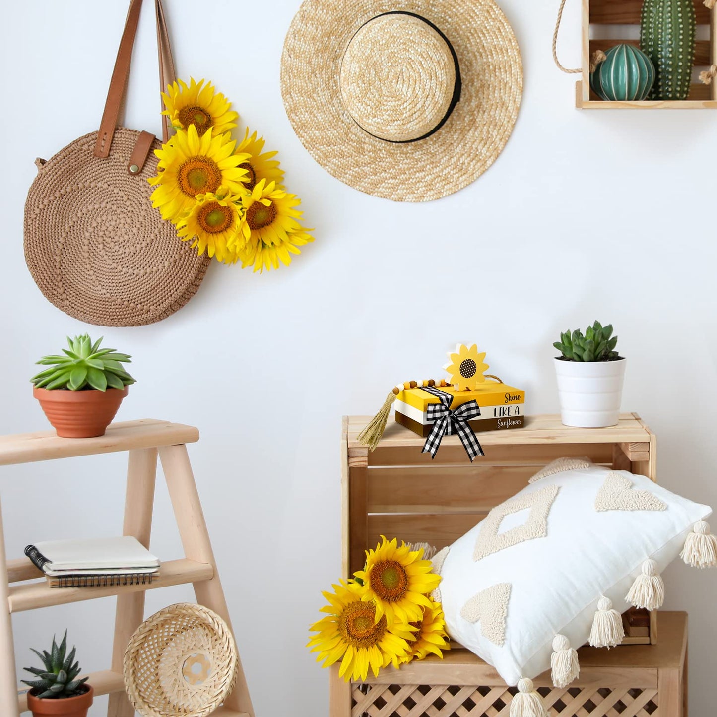 Queekay Tiered Tray Decor, Decorative Fake Book Decor Rustic Wooden Fake Old Books Home Mantle Decor for Spring Summer Fall Table Shelf Mantle Decorations(Sunflower)