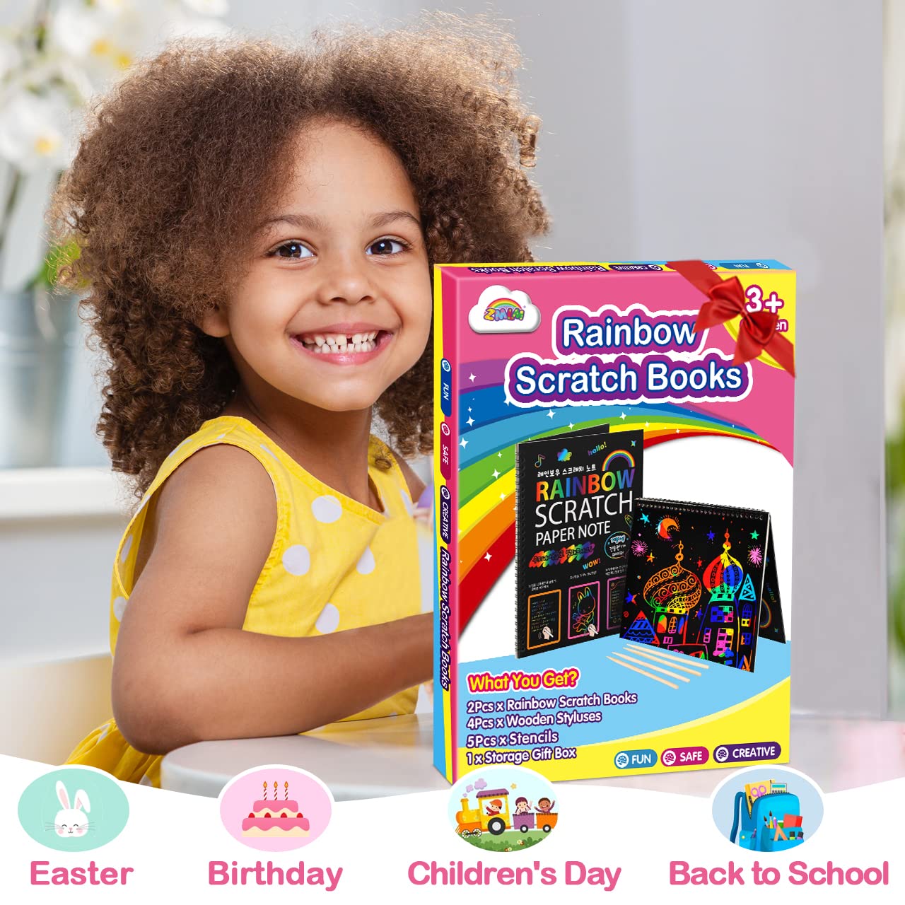 ZMLM Scratch Paper Art-Crafts Gift: 2 Pack Bulk Rainbow Magic Paper Supplies Toys for 3 4 5 6 7 8 9 10 Years Old Girls Kids Favors Gifts for Birthday Halloween Christmas Party Games Projects Kits