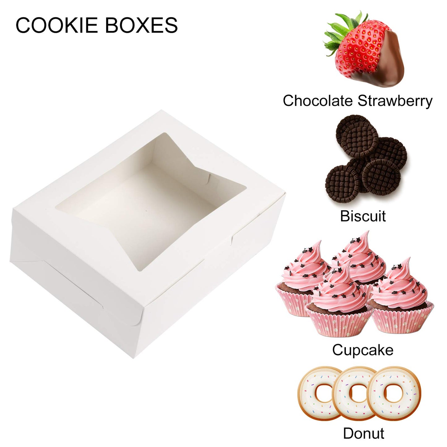 Moretoes 36pcs Cookie Treat Boxes 8 Inch White Bakery Boxes with Window for Cookie, Pastry, Dessert, Chocolate Covered Strawberry and Candy Gift Giving(8x6x2.5 In)