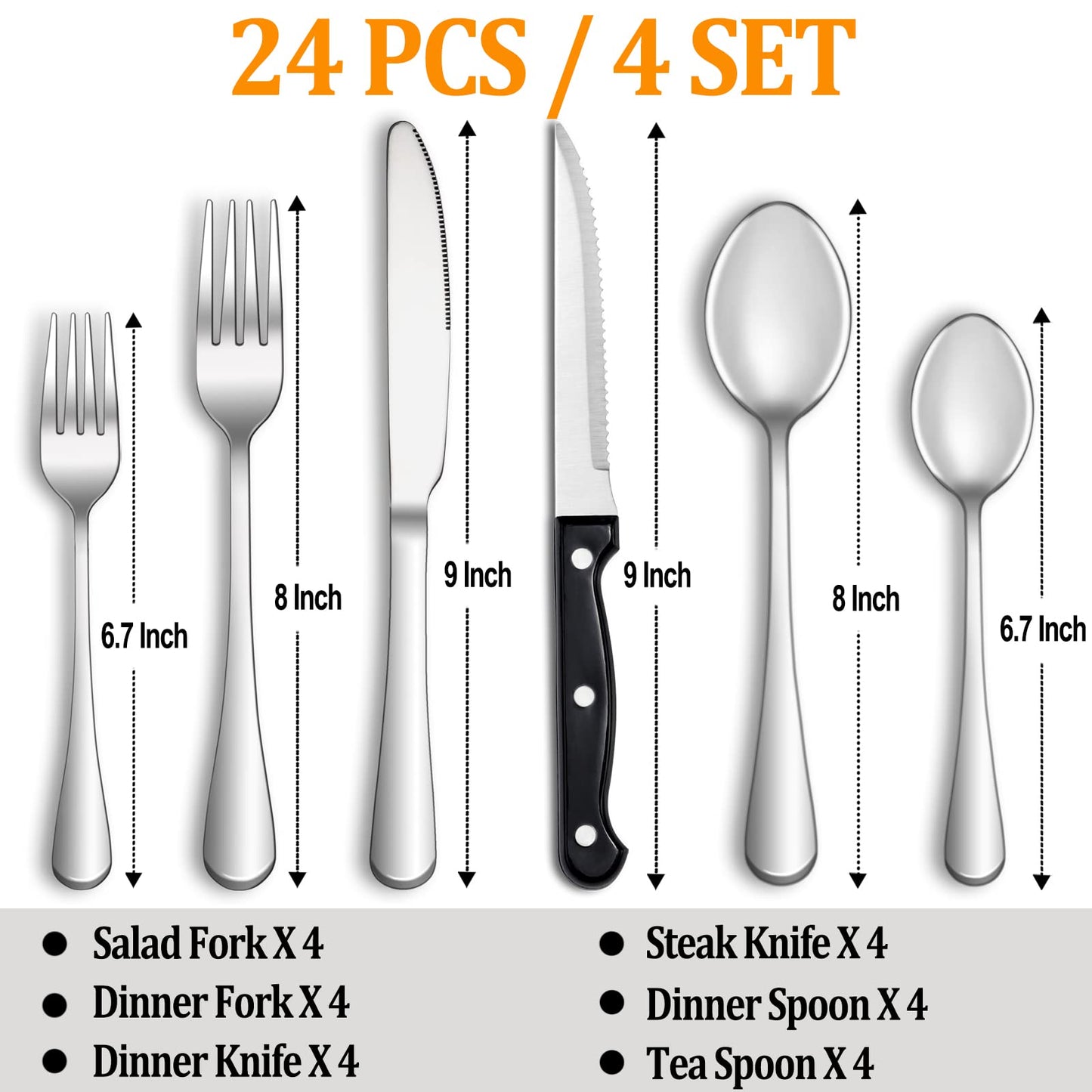 24 Pcs Silverware Set with Steak Knives Service for 4,Stainless Steel Flatware, Mirror Polished Cutlery Utensil Set,Home Kitchen Eating Tableware Set,Include Fork Knife Spoon Set,Dishwasher Safe