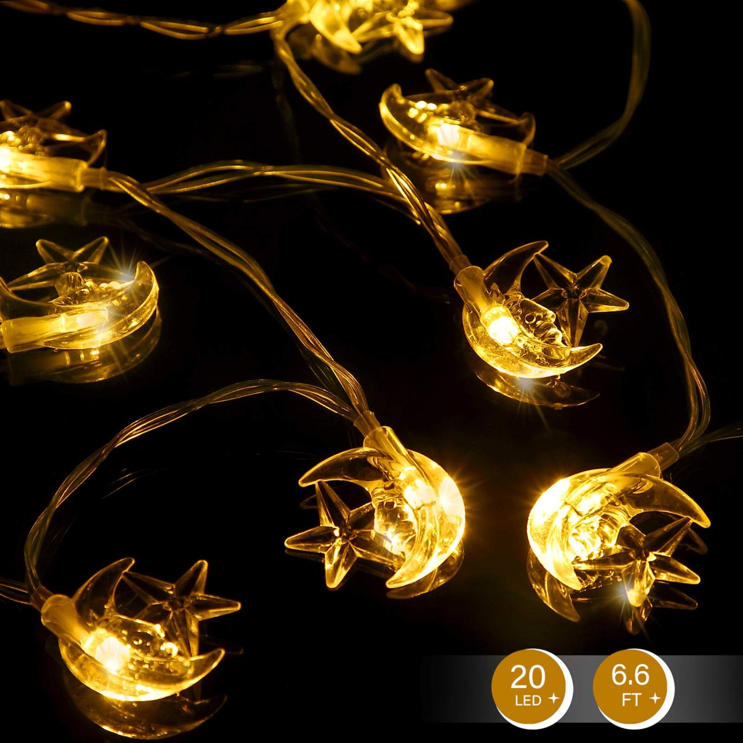 Frienda Moon Star String Lights for Eid Decorations, 6.6 ft 20 LEDs Ramadan Festival Lights, Fairy String Lights Battery Operated Indoor Outdoor, Warm White