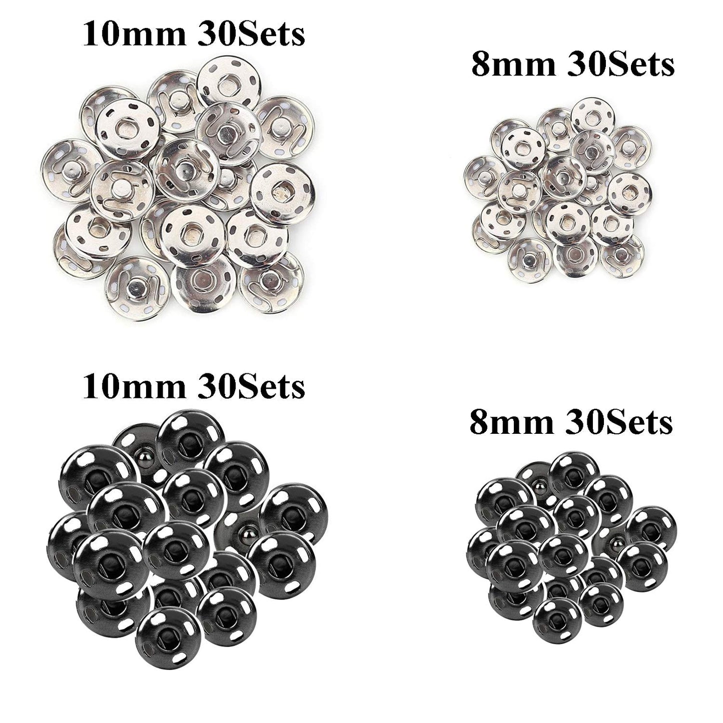 Kenkio 120 Sets Sew-on Snap Buttons Metal Snaps Fasteners Press Studs Buttons for Sewing, 8 mm and 10 mm,Black and Silver