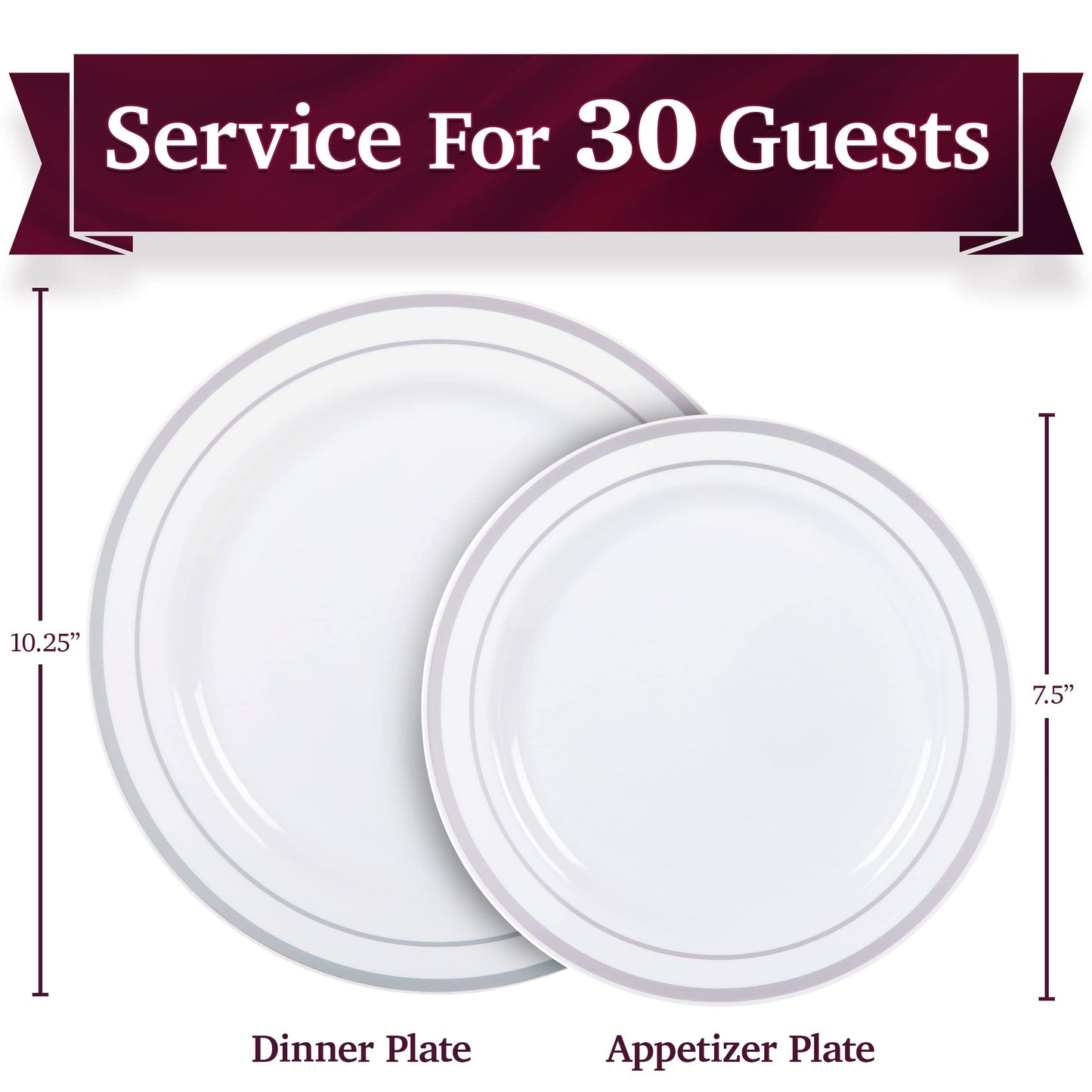 Aya's 60 Silver Plastic Plates Disposable Heavy Duty Premium Plastic Plates, 30 Plastic Dinner Plates + 30 Dessert Appetizer Plates for Weddings, Fancy Disposable Plates for Party White Plastic Plates