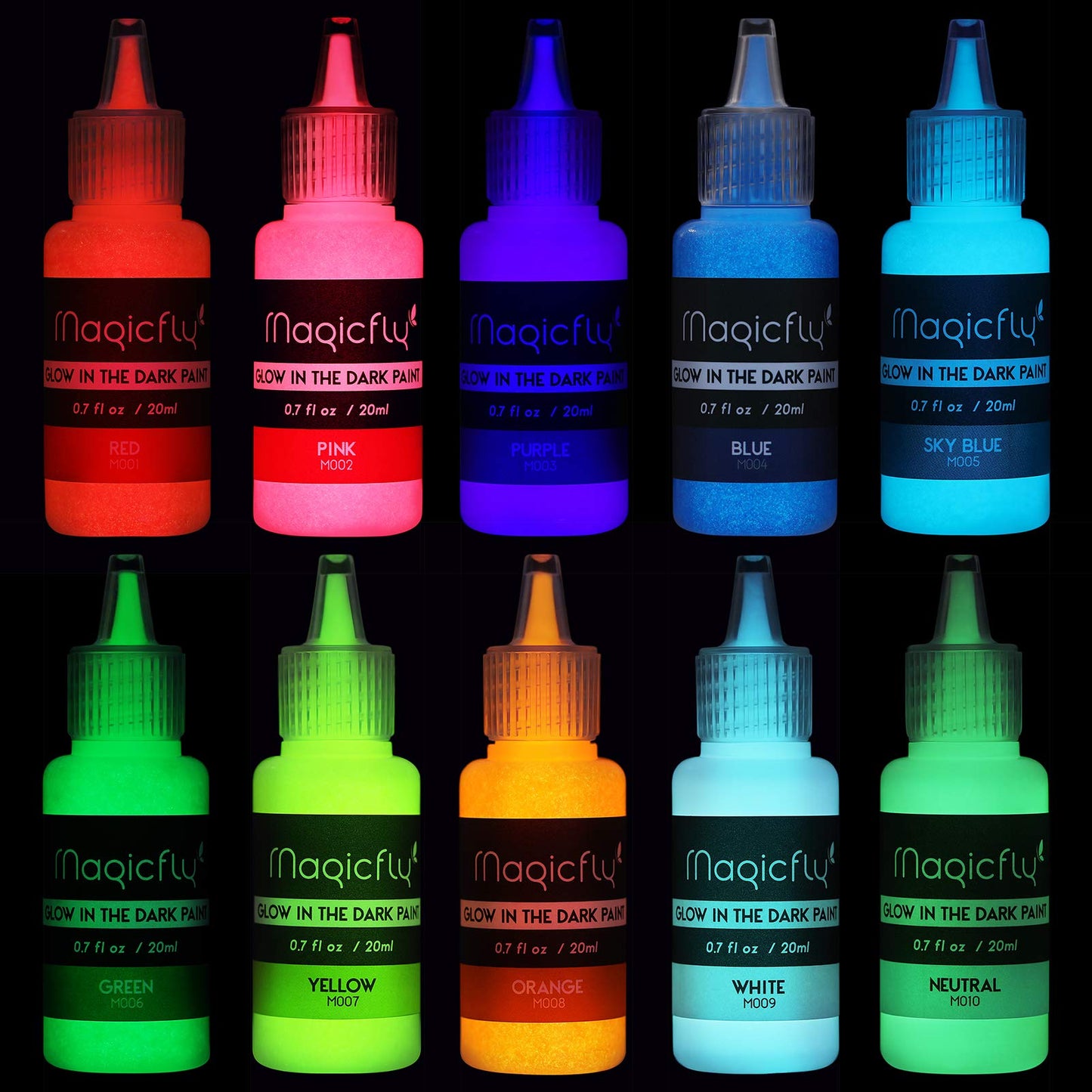Magicfly Acrylic Glow in The Dark Paint, 10 Bright Colours Liquid Luminous Paint, Neon Paints Glow in Dark for Painting, Halloween Decoration, DIY Crafts, 20 ml Each