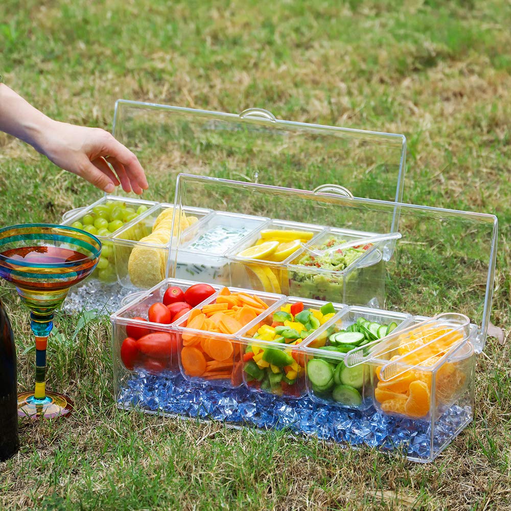 MJM Condiment Server, Tray, ice Party Serving bar, Chilled Caddy, bar Garnish Holder on ice, Dispenser, Salad Platter, Compartment Tray with lid