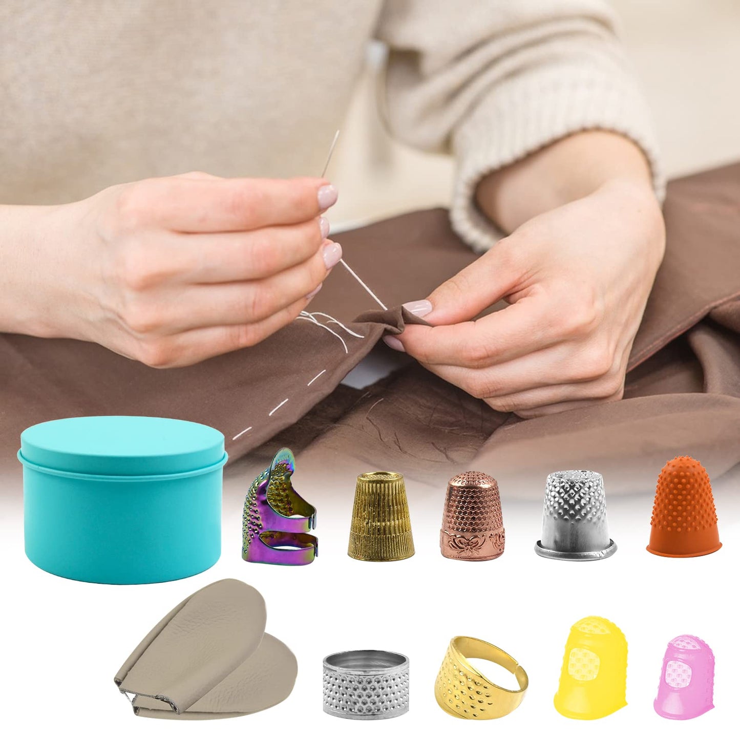 11Pcs Sewing Thimble Finger Protectors, Adjustable Metal Copper Finger Thimble Silicone Leather Thimble Finger Tips Finger Shield Ring Fingertip Quilting Sewing Supplies for Embroidery Needlework(B)
