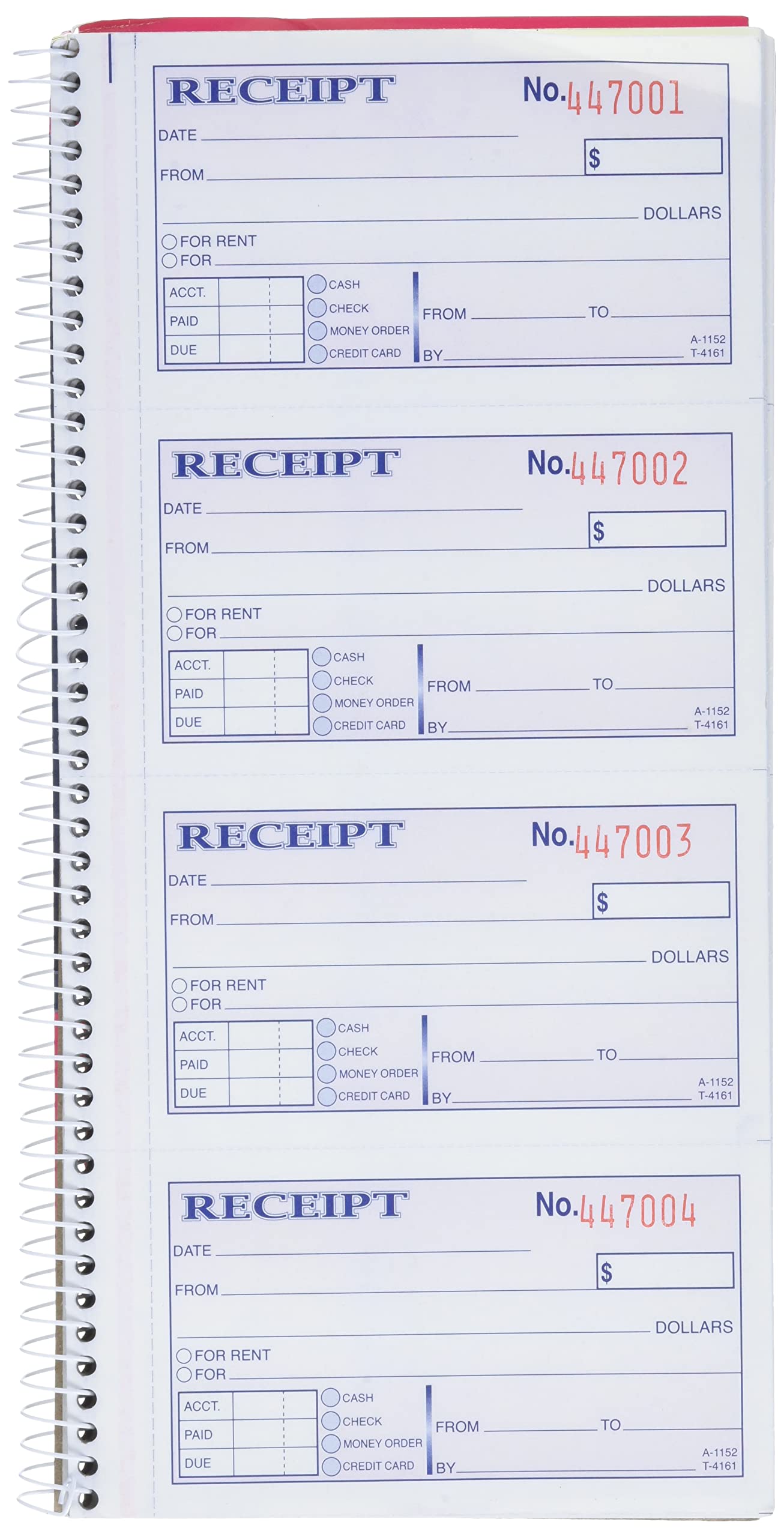 Adams Money and Rent Receipt Book, 2-Part Carbonless, 5-1/4" x 11", Spiral Bound, 200 Sets per Book, 4 Receipts per Page (SC1152)