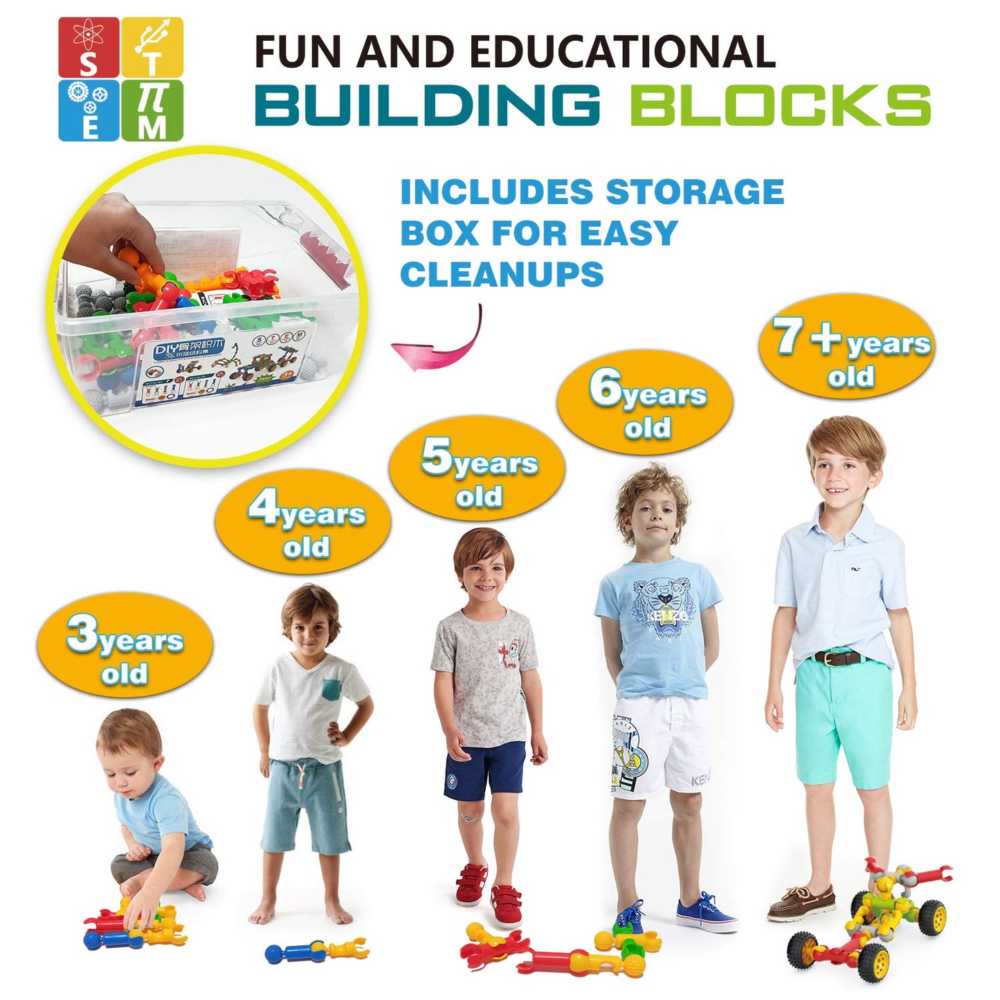 Huaker Kids Building STEM Toys,125 Pcs Educational Construction Engineering Building Blocks Kit for Ages 3 4 5 6 7 8 9 10 Year Old Boys and Girls,Best Gift for Kids Creative Games & Fun Activity