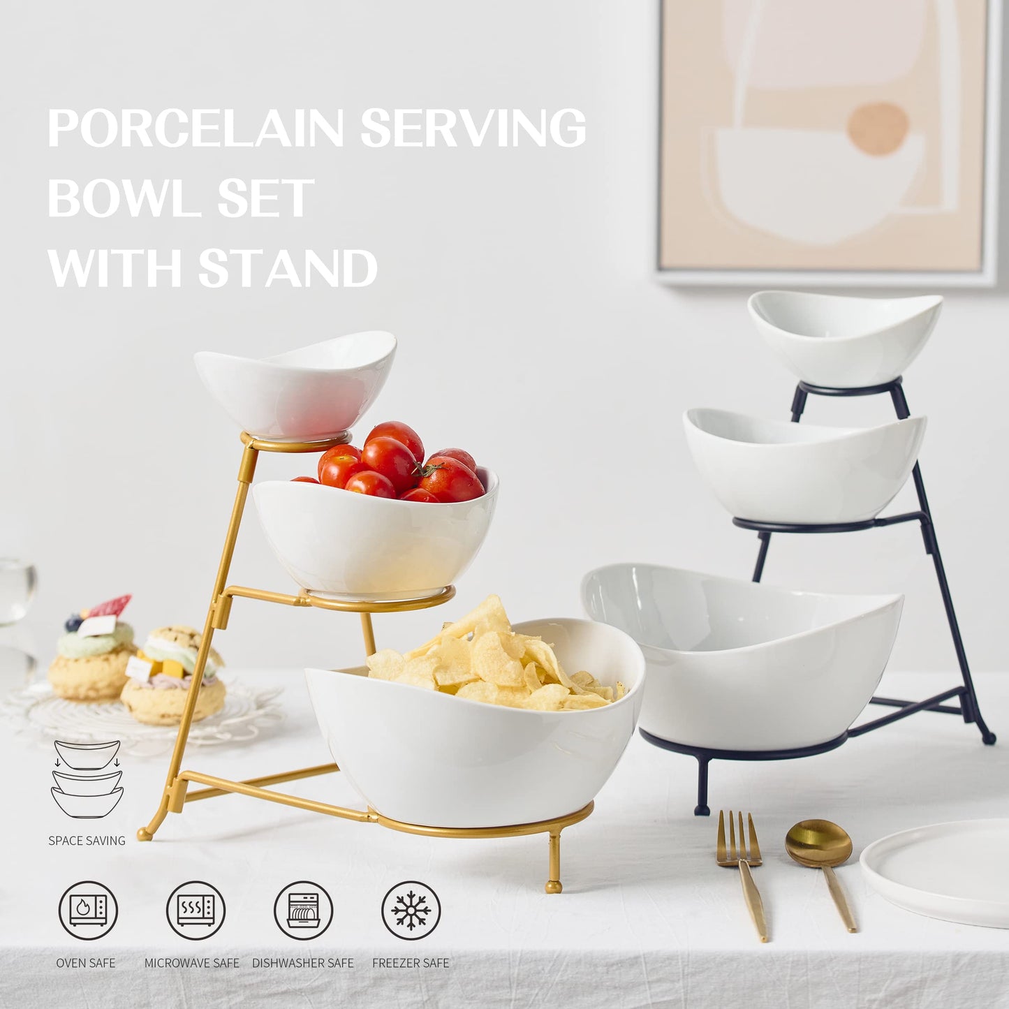 Gomakren 3 Tiered Oval Serving Bowl With Collapsible Metal Rack, Dessert Appetizer, Candy Chip Dip, Fruit, Vegetable Bowl Set, White Serving Dishes For Entertaining(Gold Stand)