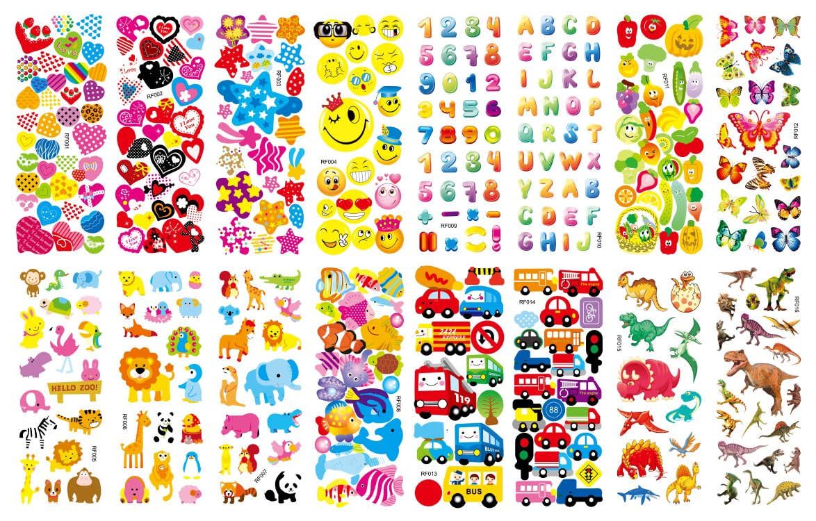 Stickers for Kids Puffy Kids Stickers Sheets 32 Different Bulk Variety Pack Stickers for Girls Boys Rewards, Craft Scrapbooking Including Animal, Hearts, Trucks, Dinosaurs and More
