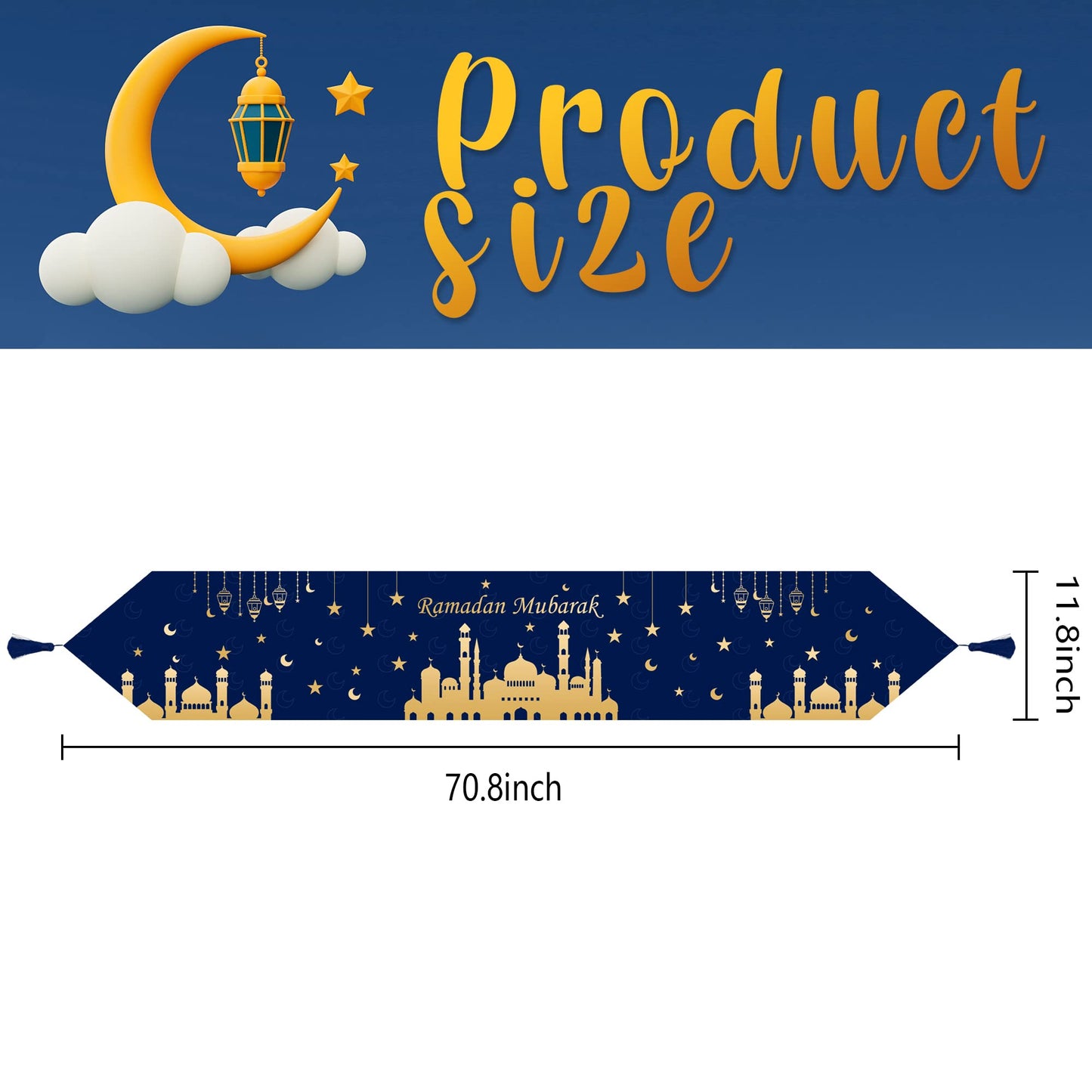Wehhbtye 2 Pack Eid Mubarak Table Runner -12 x71 Table Runner Eid Mubarak Decorations with Tassels -Table Runner Dresser Scarves for Table Dinner Holiday Party(Eid Mubarak Table Runner, 2)