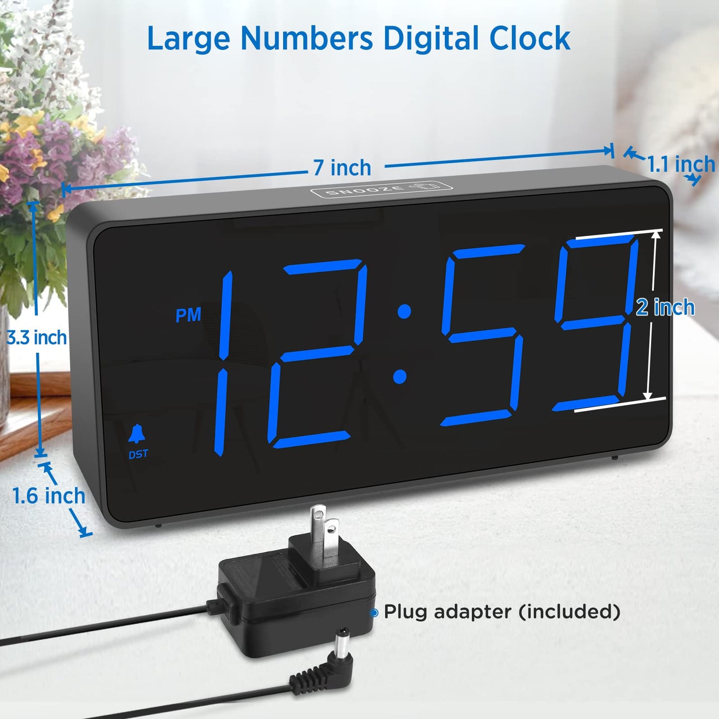 Peakeep Digital Clock, Alarm Clock for Bedrooms - Large Big Numbers 5 Dimmers for Seniors, Battery Backup Loud Alarm Clock with USB Charger Port (Blue Digit)