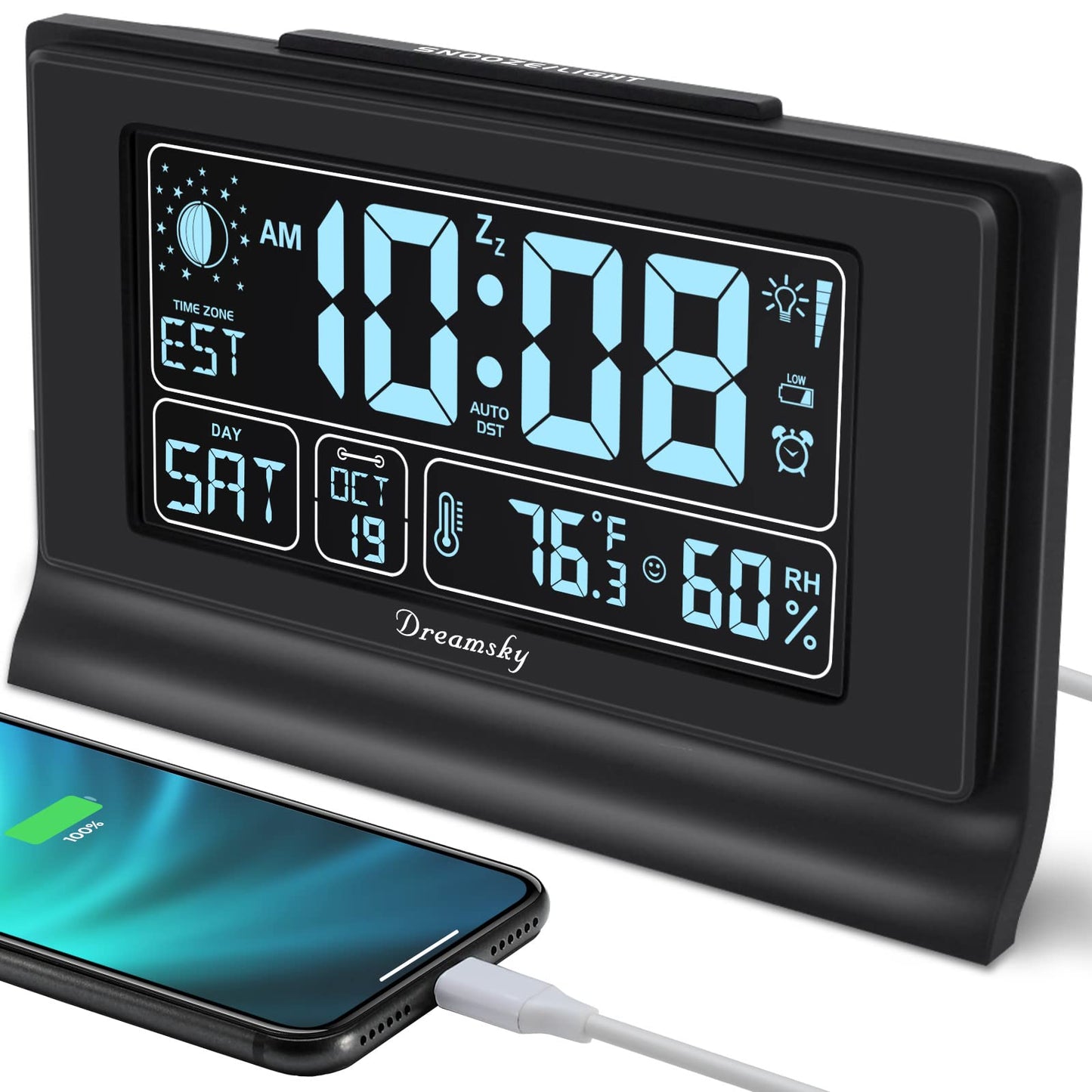 DreamSky Digital Alarm Clock with Large Display, Temperature & Humidity, 6 Level Brightness, USB Charging, Battery Backup, Black