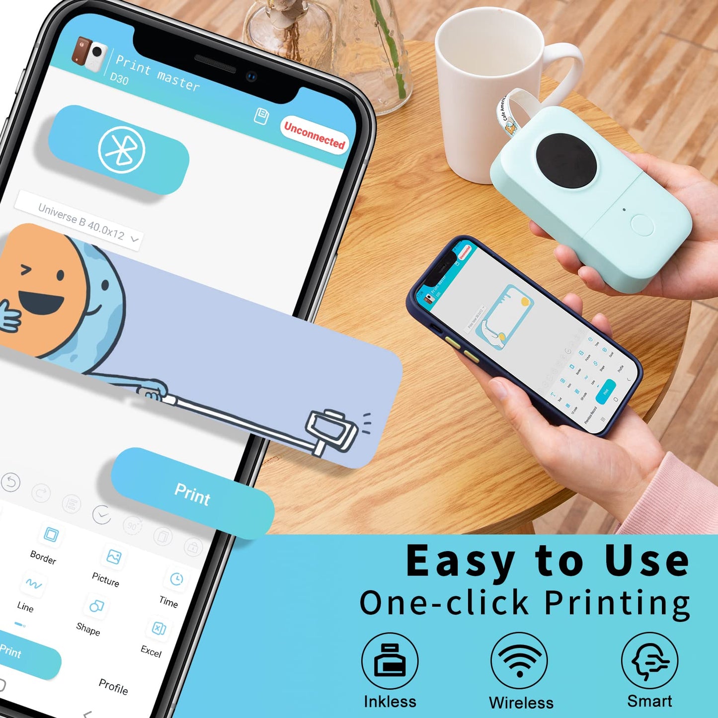 Phomemo D30 Label Maker Machine with Tape, Portable Bluetooth Printer, Small Smart Phone Handheld Sticker Mini Labeler Multiple Templates Font Icon Easy to Use Inkless Rechargeable F Office Home