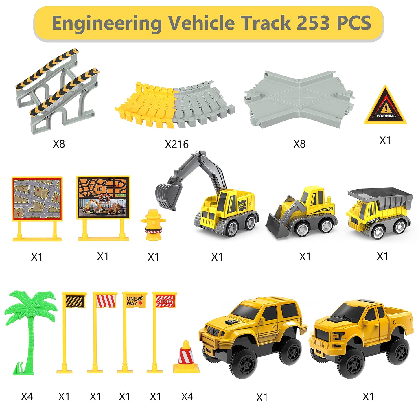 Kids Construction Toys 253 PCS Race Tracks Toy for 3 4 5 6 7 8 Year Old Boys Girls, 5 PCS Truck Car and Flexible Track Play Set Create A Engineering Road Games Toddler Best Gift