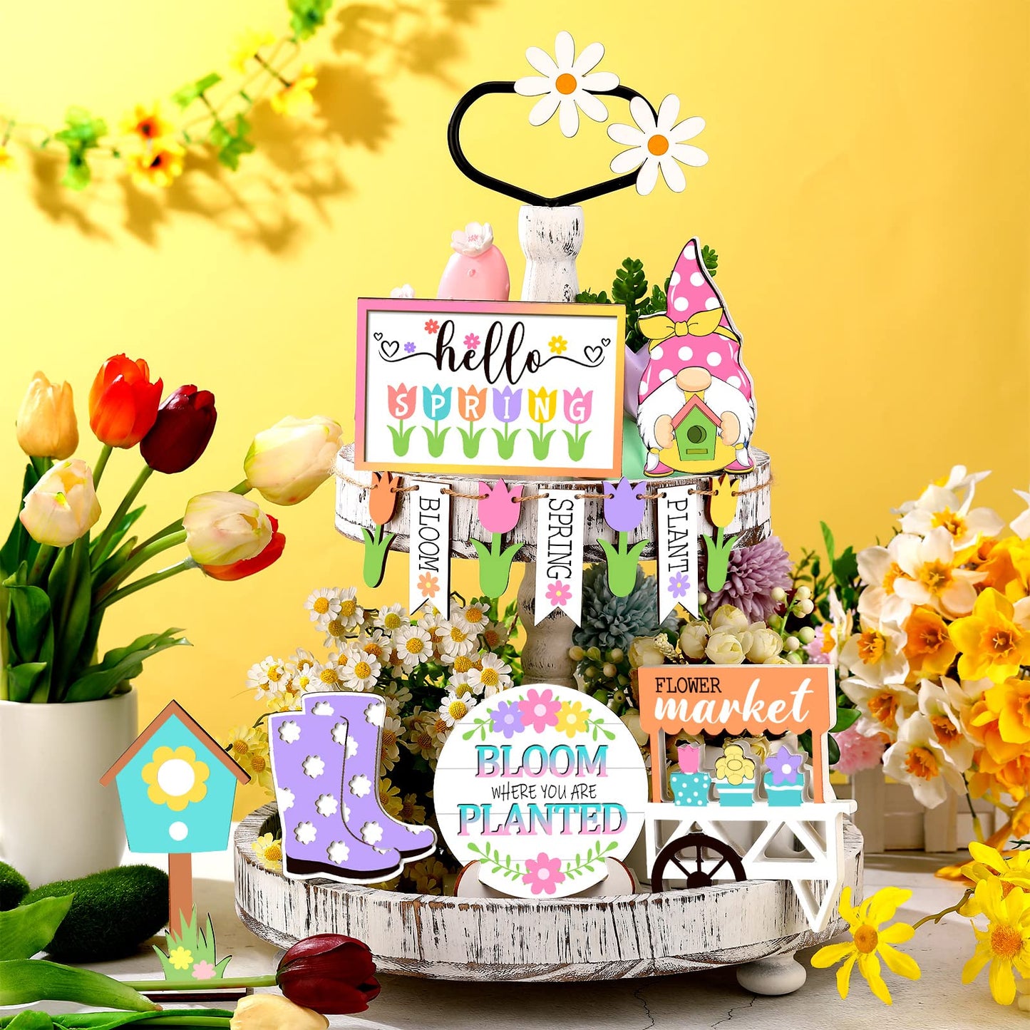 Jetec 12 Pcs Spring Tiered Tray Decor Wooden Gnomes Flowers Plants Tabletop Trays Signs Spring Summer Fall Tiered Tray Items for Home Farmhouse Rustic Kitchen Decorations (Spring)