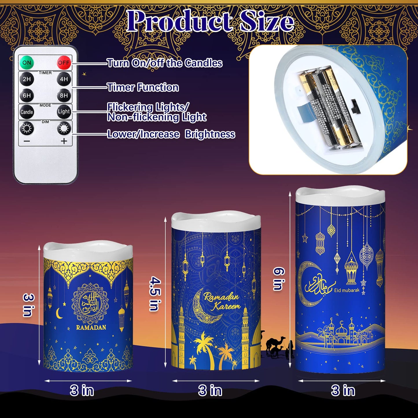 3 Pieces Eid Mubarak Flameless LED Candles Lights Eid Decor Candle Lights with Timer Warm White Battery Operated Electric Led Muslim Ramadan Candle Lights for Party Supplies Home Decor