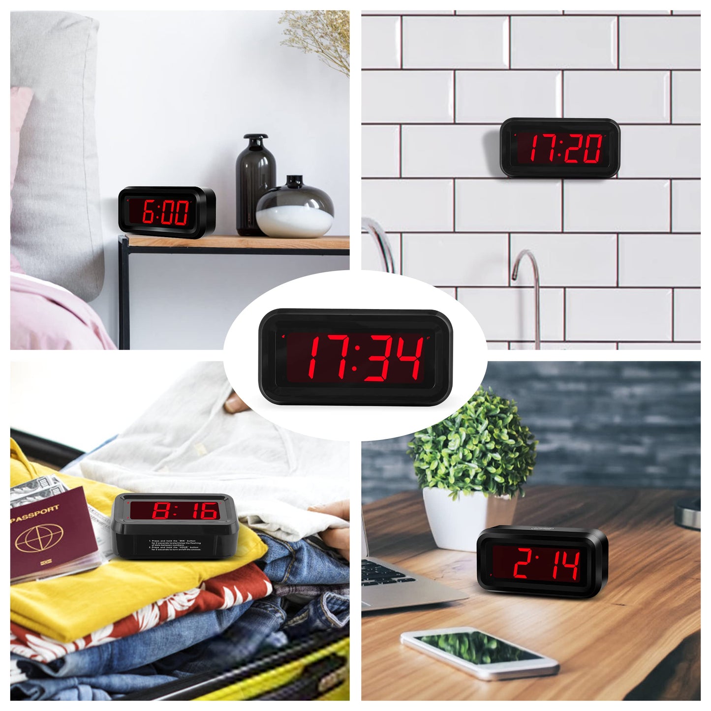 Alarm Clock, Digital Clock, Small Wall Clock, Battery Operated, Adjustable 3-Level Led Brightness, Dim Night Mode, 12/24Hr, Cordless, Constantly 1.2'' Digits Display for Bedroom/Travel, Easy to Set