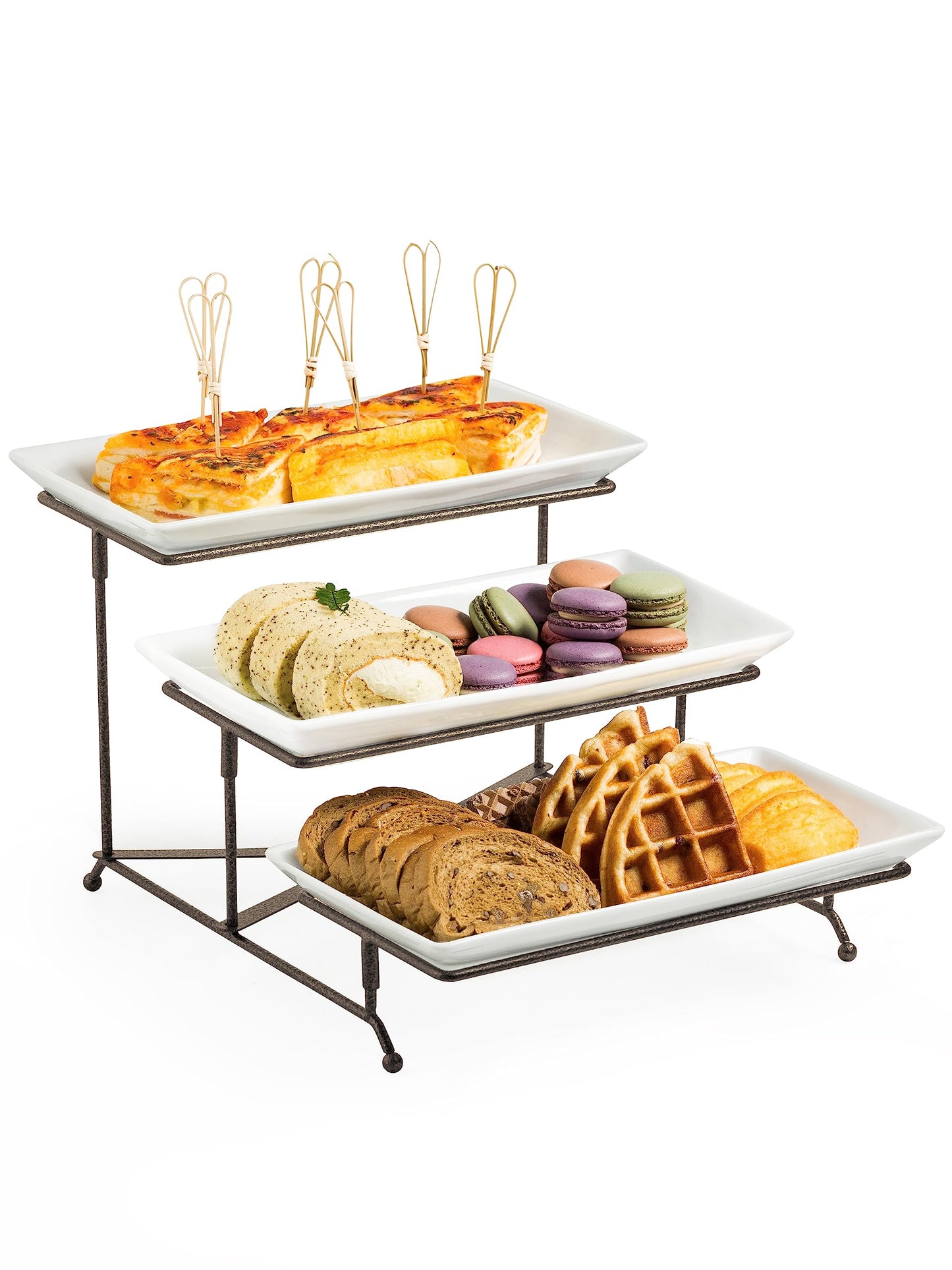 LAUCHUH 3 Tier Serving Stand Collapsible Sturdier Rack with 3 Porcelain Serving Platters Tier Serving Trays for Fruit Dessert Presentation Thanksgiving Christmas Party Display Set, 12 Inch, Bronze
