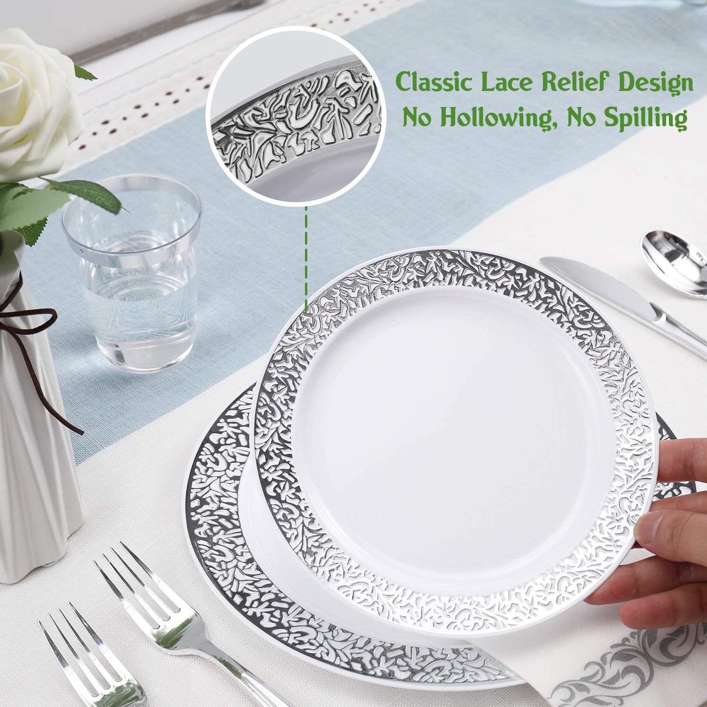 175 Piece Silver Dinnerware Set 25 Guest-50 Silver Lace Plastic Plates-25 Silver Plastic Silverware-25 Silver Plastic Cups-25 Silver Paper Napkins, FOCUSLINE Disposable Dinnerware Set