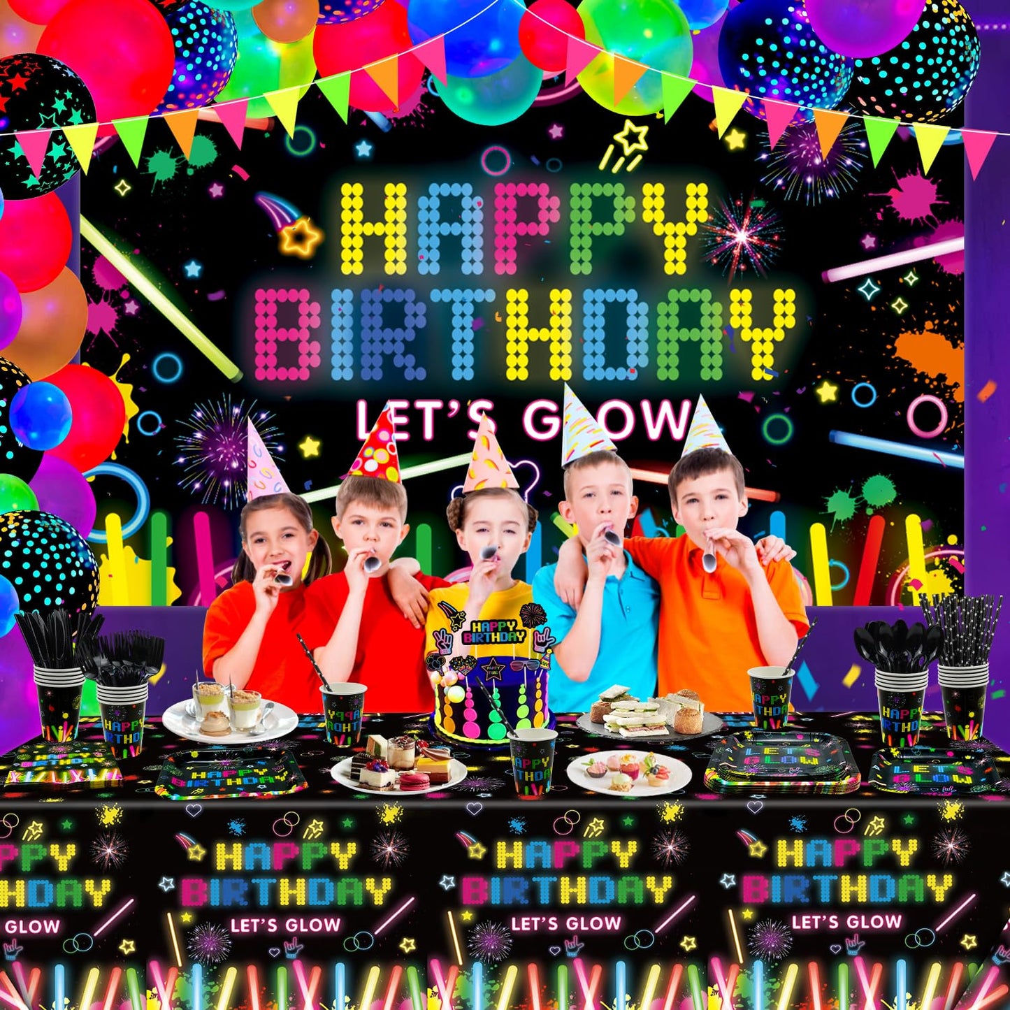 Glow Neon Party Supplies Neon Glow Plate Set Neon Balloon Glow in the Dark Happy Birthday Backdrop Glow Birthday Blacklight Party Decoration Neon Glow Birthday Tableware Serves 20